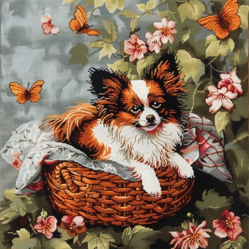 ORLUMY Diy Knüpfen Set Knüpfpackungen Mit Tiermotiv „Papillon“,Hund Im Blumenkorb,Knüpfpackungen Zum Selbermachen Von Kissenbezügen,Bastelpackungen,Stickpackungen Mit Bedruckter Leinwand 43x43cm von ORLUMY