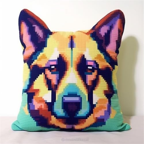 ORLUMY Diy Knüpfen Set Knüpfpackungen Mit Tiermotiven Des Deutschen Schäferhundes,Farbige Knüpfpackungen Mit Hundemotiv,Diy-Kissenbezüge,Bastelpackungen,Stickpackungen Mit Bedruckter Leinwand 43x43cm von ORLUMY