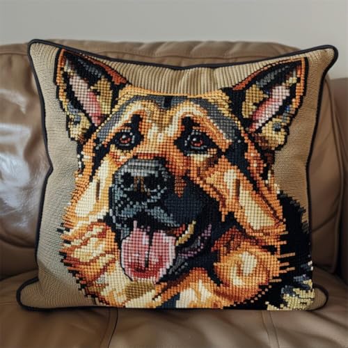 ORLUMY Diy Knüpfen Set Knüpfpackungen Mit Tiermotiven Des Deutschen Schäferhundes,Knüpfpackungen Mit Hundeportrait,Diy-Kissenbezug,Bastelpackungen,Stickpackungen Mit Bedruckter Leinwand 43x43cm von ORLUMY