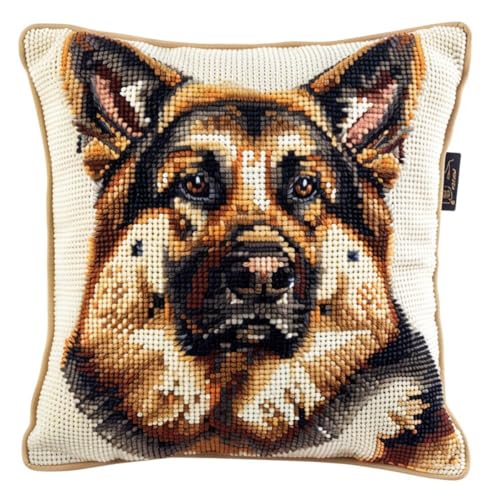 ORLUMY Diy Knüpfen Set Knüpfpackungen Mit Tiermotiven Des Deutschen Schäferhundes,Knüpfpackungen Mit Hundeportrait,Diy-Kissenbezug,Bastelpackungen,Stickpackungen Mit Bedruckter Leinwand 43x43cm von ORLUMY