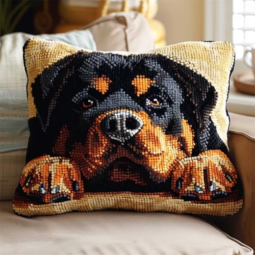 ORLUMY Diy Knüpfen Set Rottweiler Tier-Knüpfhaken-Set,Hundeporträt,Diy-Knüpfhaken-Set,Knüpfhaken-Stickset,Häkel-Handarbeit,Basteln Mit Knüpfhaken-Werkzeug 43x43cm von ORLUMY