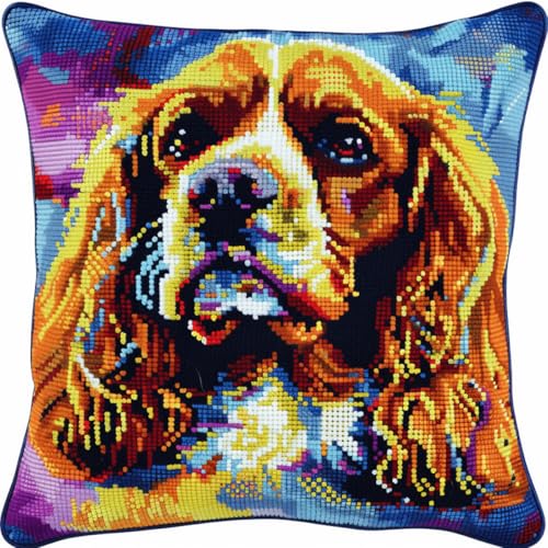 ORLUMY Diy Knüpfen Set Spaniel-Tier-Knüpfhaken-Sets,Farbige Hunde-Knüpfhaken-Sets,Diy-Kissenbezug,Bastelsets,Sticksets Mit Bedruckter Leinwand 43x43cm von ORLUMY