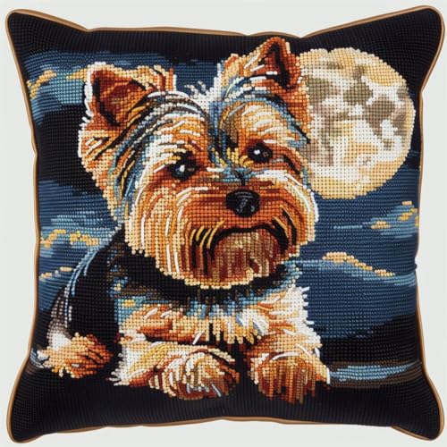 ORLUMY Diy Knüpfen Set Yorkshire Terrier Tier-Knüpfhaken-Sets Hund Und Mond Knüpfhaken-Sets Diy Dekokissenbezug Bastelsets Sticksets Mit Bedruckter Leinwand 43x43cm von ORLUMY