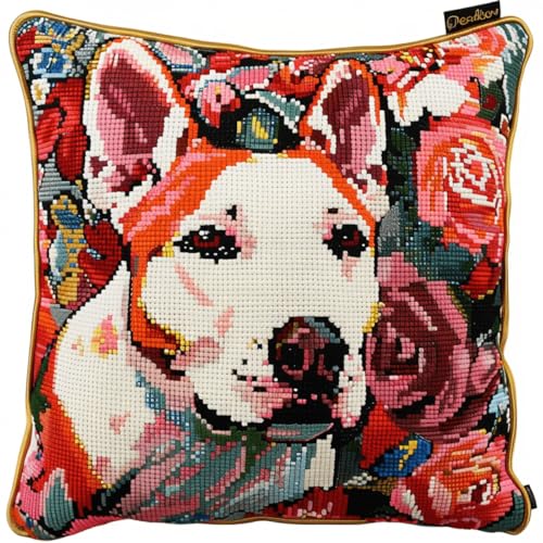 ORLUMY Diy Knüpfkissen Set Bullterrier Tier Knüpfhaken Kits Hund Und Blumen Kissenbezug Stickerei Teppich Set Handarbeit Häkeln Kissen Stickset 43x43cm von ORLUMY