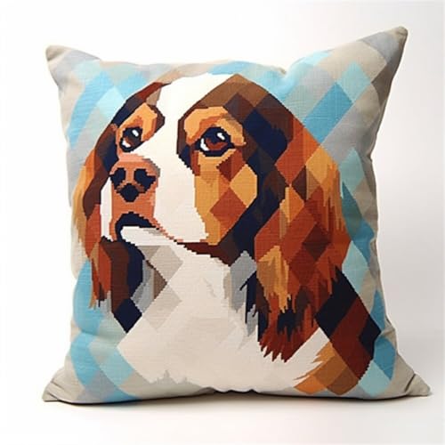 ORLUMY Diy Knüpfkissen Set Cavalier King Charles Spaniel Animal动物 Knüpfpackungen Hundeportrait Kissenbezug Stickset Teppichset Handarbeit Häkelkissen Stickset 43x43cm von ORLUMY