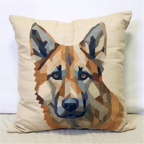 ORLUMY Diy Knüpfkissen Set Deutscher Schäferhund Tier Knüpfhaken Kits Geometrische Hund Kissenbezug Stickerei Teppich Set Handarbeit Häkeln Kissen Stickerei Set 43x43cm von ORLUMY