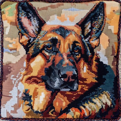 ORLUMY Diy Knüpfkissen Set Deutscher Schäferhund Tier Knüpfhaken Kits Hund Porträt Kissenbezug Stickerei Teppich Set Handarbeit Häkeln Kissen Stickerei Set 43x43cm von ORLUMY