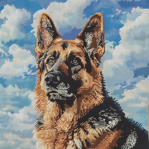 ORLUMY Diy Knüpfkissen Set Deutscher Schäferhund Tier Knüpfhaken Kits Hund Und Blauer Himmel Weiße Wolken Kissenbezug Stickerei Teppich Set Handarbeit Häkeln Kissen Stickerei Set 43x43cm von ORLUMY