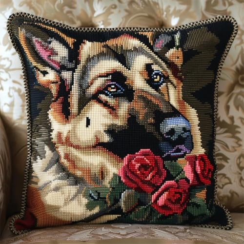 ORLUMY Diy Knüpfkissen Set Deutscher Schäferhund Tier Knüpfhaken Kits Hund Und Blumen Kissenbezug Stickerei Teppich Set Handarbeit Häkeln Kissen Stickset 43x43cm von ORLUMY