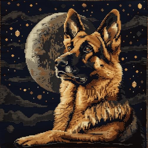 ORLUMY Diy Knüpfkissen Set Deutscher Schäferhund Tier Knüpfhaken Kits Hund Und Mond Kissenbezug Stickerei Teppich Set Handarbeit Häkeln Kissen Stickerei Set 43x43cm von ORLUMY