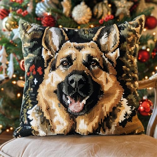 ORLUMY Diy Knüpfkissen Set Deutscher Schäferhund Tier Knüpfhaken Kits Hund Und Weihnachtsbaum Kissenbezug Stickerei Teppich Set Handarbeit Häkeln Kissen Stickerei Set 43x43cm von ORLUMY