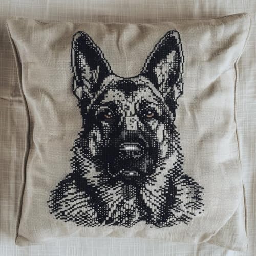 ORLUMY Diy Knüpfkissen Set Deutscher Schäferhund Tier Knüpfhaken Kits 黑白狗 Kissenbezug Stickerei Teppich Set Handarbeit Häkeln Kissen Stickerei Set 43x43cm von ORLUMY