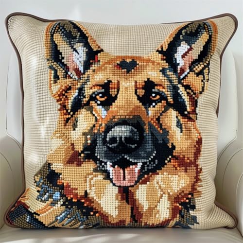 ORLUMY Diy Knüpfkissen Set Deutscher Schäferhund Tier Knüpfhaken Kits Niedlicher Hund Kissenbezug Stickteppich Set Handarbeit Häkelkissen Stickset 43x43cm von ORLUMY