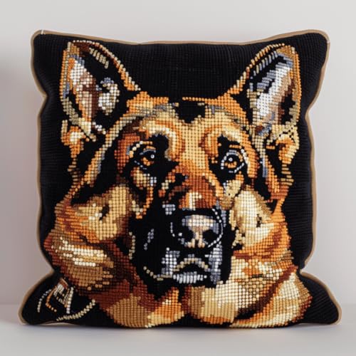 ORLUMY Diy Knüpfkissen Set Deutscher Schäferhund Tier Knüpfhaken Kits Niedlicher Hund Kissenbezug Stickteppich Set Handarbeit Häkelkissen Stickset 43x43cm von ORLUMY