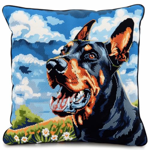 ORLUMY Diy Knüpfkissen Set Dobermann Pinscher Tier Knüpfhaken Kits Hundeportrait Knüpfhaken Kissenbezug Stickpackungen,Diy Teppich Handarbeit Knüpfhaken Kissenbezug Kits 43x43cm von ORLUMY