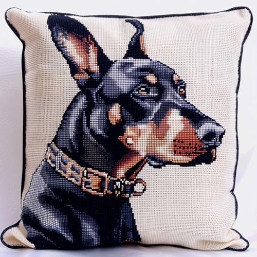 ORLUMY Diy Knüpfkissen Set Dobermann Pinscher Tier Knüpfhaken Kits Niedlicher Hund Knüpfhaken Kissenbezug Sticksets,Diy Teppich Handarbeit Knüpfhaken Kissenbezug Kits 43x43cm von ORLUMY