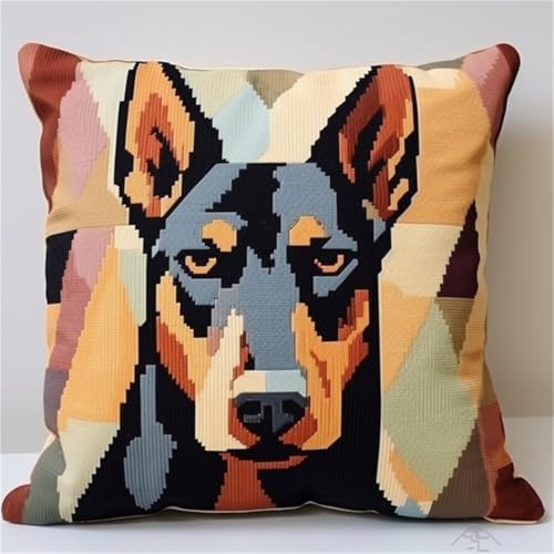 ORLUMY Diy Knüpfkissen Set Dobermann Pinscher Tier Knüpfpackungen Fantasie Hund Kissenbezug Stickset Teppich Set Handarbeit Häkelkissen Stickset 43x43cm von ORLUMY