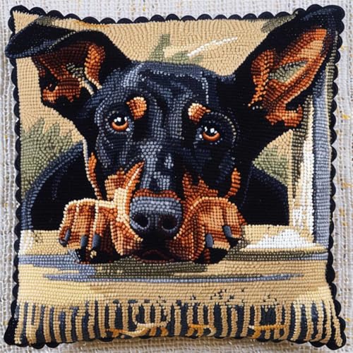 ORLUMY Diy Knüpfkissen Set Dobermann Pinscher Tier Knüpfpackungen Fantasie Hund Kissenbezug Stickset Teppich Set Handarbeit Häkelkissen Stickset 43x43cm von ORLUMY