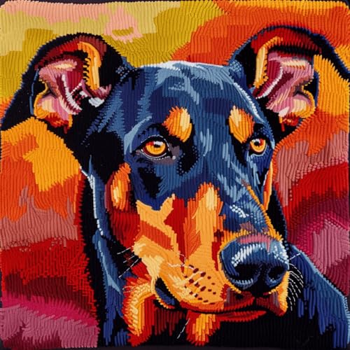 ORLUMY Diy Knüpfkissen Set Dobermann Pinscher Tier Knüpfpackungen Farbiger Hundekissenbezug Stickteppich Set Handarbeit Häkelkissen Stickset 43x43cm von ORLUMY