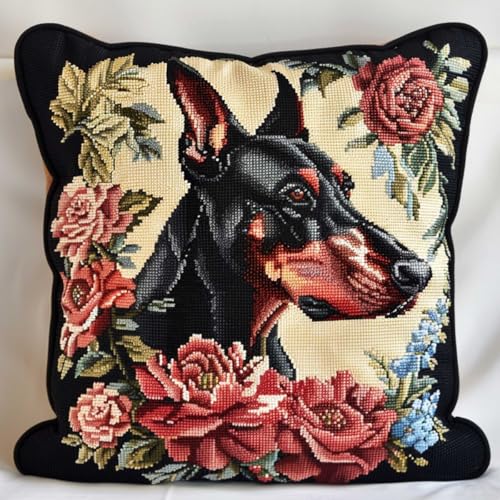 ORLUMY Diy Knüpfkissen Set Dobermann Pinscher Tier Knüpfpackungen Hund Und Blumen Kissenbezug Stickset Teppich Set Handarbeit Häkelkissen Stickset 43x43cm von ORLUMY