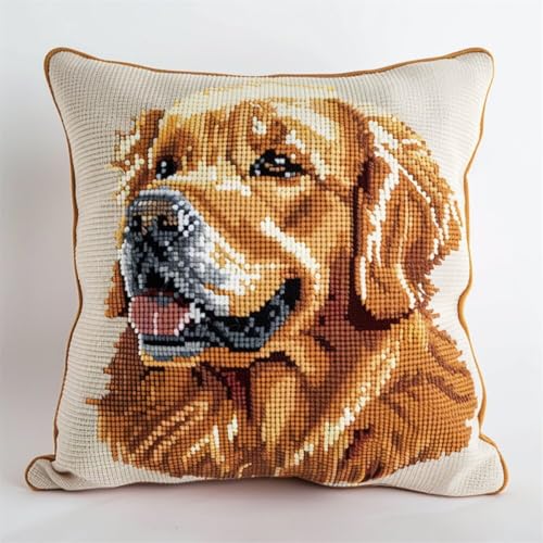 ORLUMY Diy Knüpfkissen Set Golden Retriever Tier Knüpfpackungen Cartoon Hund Kissenbezug Stickteppich Set Handarbeit Häkelkissen Stickset 43x43cm von ORLUMY