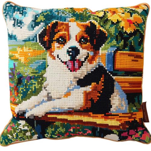 ORLUMY Diy Knüpfkissen Set Hund Im Park Knüpfhaken-Set Fantasy Tiere Kissenbezug Stickteppich Set Handarbeit Häkelkissen Stickset 43x43cm von ORLUMY