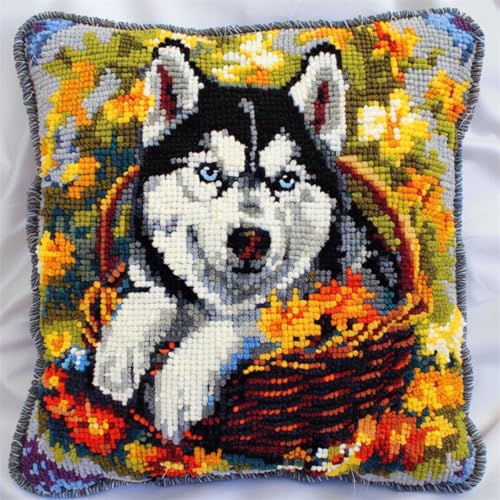 ORLUMY Diy Knüpfkissen Set Husky Hund Tier Knüpfpackungen Hund Und Blumenkorb Kissenbezug Stickteppich Set Handarbeit Häkelkissen Stickset 43x43cm von ORLUMY