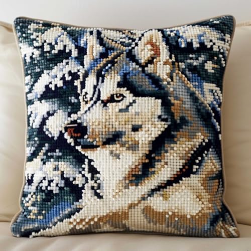 ORLUMY Diy Knüpfkissen Set Husky Hund Tier Knüpfpackungen Hund Und Weihnachtsbaum Kissenbezug Stickteppich Set Handarbeit Häkelkissen Stickset 43x43cm von ORLUMY