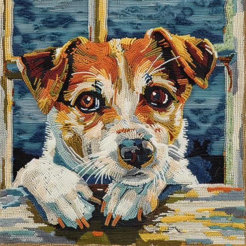 ORLUMY Diy Knüpfkissen Set Jack Russel Terrier Tier Knüpfpackungen Hund Am Fenster Kissenbezug Stickset Teppichset Handarbeit Häkelset Kissen Stickset 43x43cm von ORLUMY