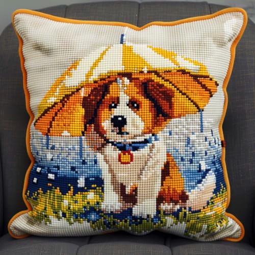 ORLUMY Diy Knüpfkissen Set Knüpfhaken-Sets Mit Cartoon-Tieren,Hund Und Regenschirm,Knüpfhaken-Kissenbezug-Sticksets,Diy-Knüpfhaken-Kissenbezug-Sets Für Teppiche 43x43cm von ORLUMY