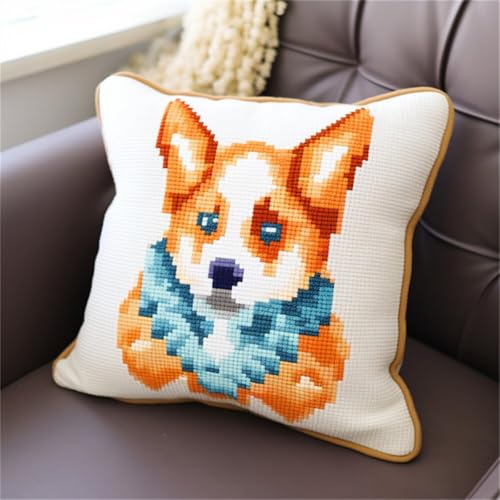 ORLUMY Diy Knüpfkissen Set Knüpfhaken-Sets Mit Corgi-Tiermotiv,Cartoon-Hund,Knüpfhaken-Kissenbezug,Sticksets,Diy-Teppich-Nadelarbeit,Knüpfhaken-Kissenbezug-Sets 43x43cm von ORLUMY