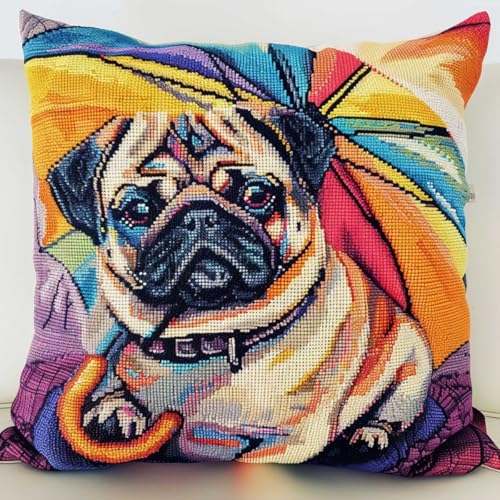 ORLUMY Diy Knüpfkissen Set Knüpfhaken-Sets Mit Mops-Tier,Hund Und Regenschirm,Knüpfhaken-Kissenbezug-Sticksets,Diy-Knüpfhaken-Kissenbezug-Sets Für Teppiche 43x43cm von ORLUMY