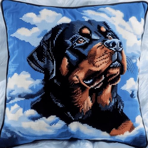 ORLUMY Diy Knüpfkissen Set Knüpfhaken-Sets Mit Rottweiler-Tier,Hund Und Blauem Himmel,Weißen Wolken,Knüpfhaken-Kissenbezug-Sticksets,Diy-Teppich-Nadelarbeit,Knüpfhaken-Kissenbezug-Sets 43x43cm von ORLUMY