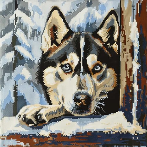 ORLUMY Diy Knüpfkissen Set Knüpfpackungen Mit Husky-Hund Und Tiermotiv,Knüpfpackungen Für Kissenbezüge Mit Knüpfhaken,Stickpackungen Für Kissenbezüge Zum Selbermachen,Handarbeit 43x43cm von ORLUMY