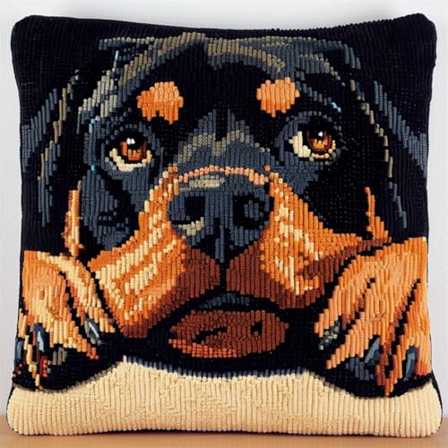 ORLUMY Diy Knüpfkissen Set Rottweiler Tier Knüpfhaken Kits Fantasie Hund Kissenbezug Stickerei Teppich Set Handarbeit Häkeln Kissen Stickset 43x43cm von ORLUMY