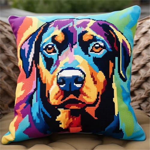 ORLUMY Diy Knüpfkissen Set Rottweiler Tier-Knüpfhaken-Set,Farbiger Hundekissenbezug,Stickteppich-Set,Handarbeit,Häkelkissen,Stickset 43x43cm von ORLUMY