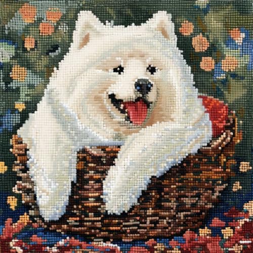 ORLUMY Diy Knüpfkissen Set Samojede Hund Tier Knüpfhaken Kits Hund Im Blumenkorb Knüpfhaken Kissenbezug Sticksets,Diy Teppich Handarbeit Knüpfhaken Kissenbezug Kits 43x43cm von ORLUMY