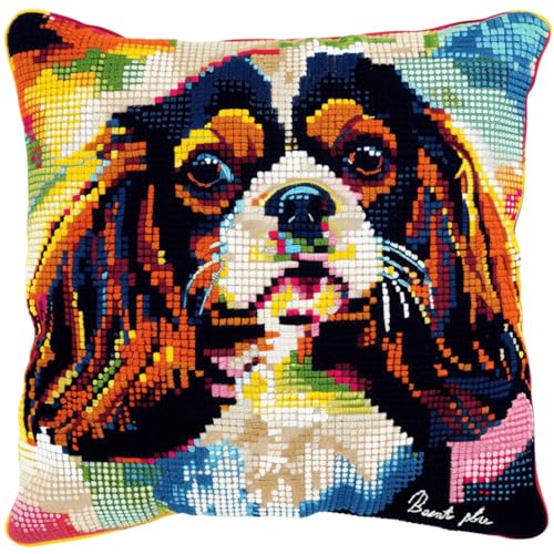 ORLUMY Diy Knüpfkissen Set Spaniel Tier Knüpfhaken Kits Farbiger Hund Knüpfhaken Kissenbezug Sticksets,Diy Teppich Handarbeit Knüpfhaken Kissenbezug Kits 43x43cm von ORLUMY