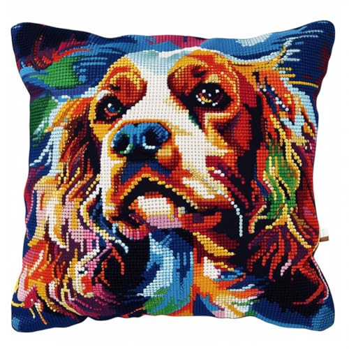 ORLUMY Diy Knüpfkissen Set Spaniel Tier Knüpfhaken Kits Farbiger Hundekissenbezug Stickteppich Set Handarbeit Häkelkissen Stickset 43x43cm von ORLUMY