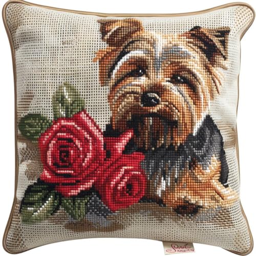 ORLUMY Diy Knüpfkissen Set Yorkshire Terrier Tier Latch Hook Kits Hund Und Blumen Kissenbezug Stickerei Teppich Set Handarbeit Häkeln Kissen Stickset 43x43cm von ORLUMY