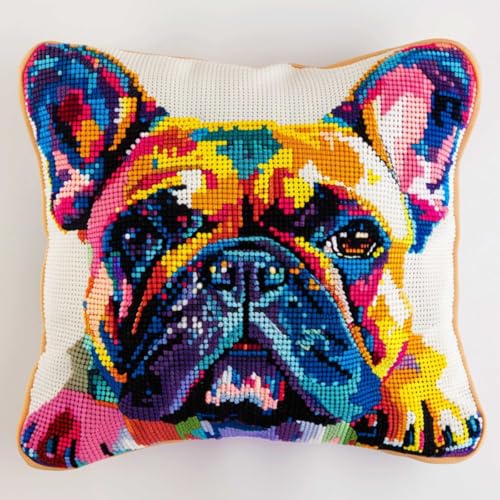 ORLUMY Diy Knüpfkissen Zum Selber Knüpfen Bulldoggen-Tier-Knüpfhaken-Kits,Farbiger Hund,Diy-Haken,Gestrickt,Bestickter Teppich,Kissen,Stickerei,Knüpfhaken-Teppich-Kit 43x43cm von ORLUMY