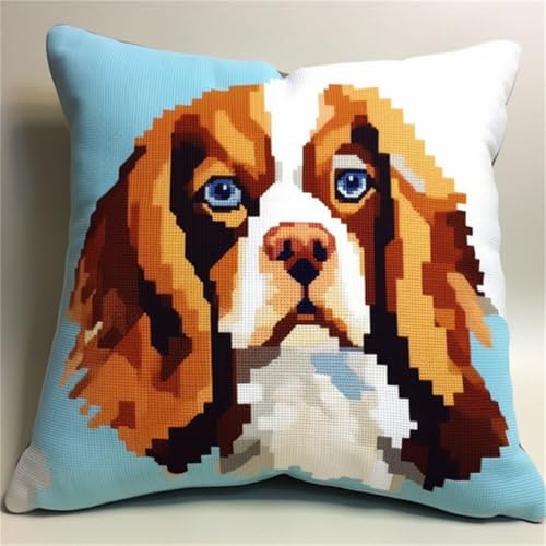 ORLUMY Diy Knüpfkissen Zum Selber Knüpfen Cavalier King Charles Spaniel Animal动物 Knüpfhaken-Sets,Süßer Hund,Diy-Haken,Gestrickt,Bestickter Teppich,Kissen,Stickerei,Knüpfhaken-Teppich-Set 43x43cm von ORLUMY