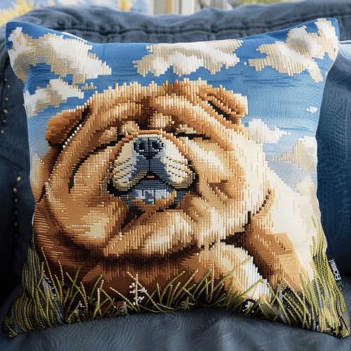 ORLUMY Diy Knüpfkissen Zum Selber Knüpfen Chow Chow Tier-Knüpfhaken-Sets Hund Und Landschaft 3D-Kissen Materialien Paketbezug Knüpfhaken-Sets Kissen Stickset Basteln Heimdekoration 43x43cm von ORLUMY