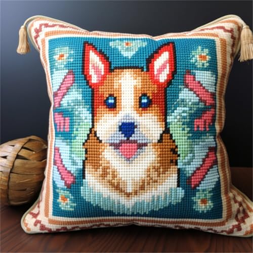 ORLUMY Diy Knüpfkissen Zum Selber Knüpfen Corgi Tier Knüpfhaken Kits Cartoon Hund Diy Haken Gestrickt Bestickt Teppich Kissen Stickerei Knüpfhaken Teppich Kit 43x43cm von ORLUMY