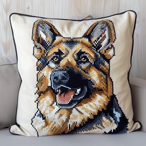 ORLUMY Diy Knüpfkissen Zum Selber Knüpfen Deutscher Schäferhund Tier Knüpfpackungen Fantasie Hund 3D Kissen Materialien Paketbezug Knüpfpackungen Kissen Stickset Basteln Heimdekoration 43x43cm von ORLUMY