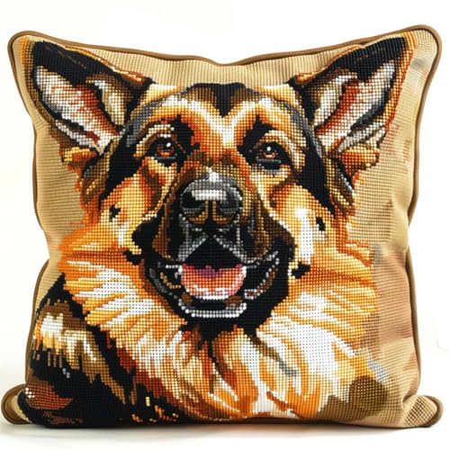 ORLUMY Diy Knüpfkissen Zum Selber Knüpfen Deutscher Schäferhund Tier Knüpfpackungen Fantasie Hund 3D Kissen Materialien Paketbezug Knüpfpackungen Kissen Stickset Basteln Heimdekoration 43x43cm von ORLUMY