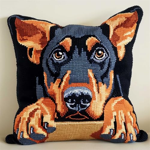 ORLUMY Diy Knüpfkissen Zum Selber Knüpfen Dobermann Pinscher Tier Knüpfhaken Kits Cartoon Hund Diy Haken Gestrickt Bestickt Teppich Kissen Stickerei Knüpfhaken Teppich Kit 43x43cm von ORLUMY