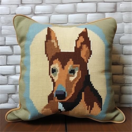 ORLUMY Diy Knüpfkissen Zum Selber Knüpfen Dobermann Pinscher Tier Knüpfhaken Kits Cartoon Hund Diy Haken Gestrickt Bestickt Teppich Kissen Stickerei Knüpfhaken Teppich Kit 43x43cm von ORLUMY