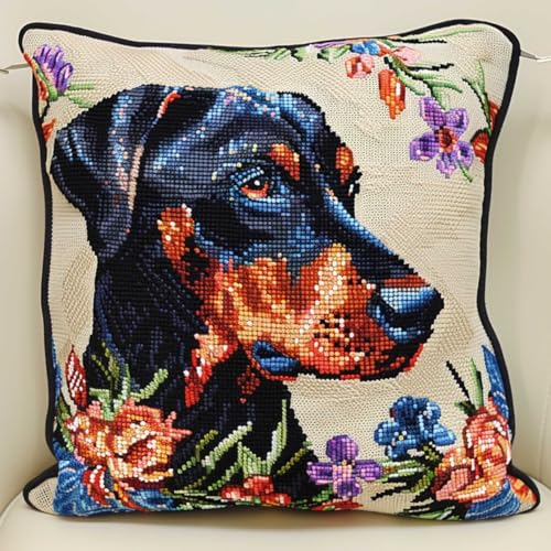 ORLUMY Diy Knüpfkissen Zum Selber Knüpfen Dobermann Pinscher Tier Knüpfhaken Kits Hund Und Blumen Diy Haken Gestrickt Bestickt Teppich Kissen Stickerei Knüpfhaken Teppich Kit 43x43cm von ORLUMY