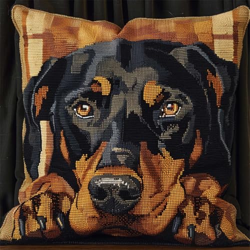 ORLUMY Diy Knüpfkissen Zum Selber Knüpfen Dobermann Pinscher Tier Knüpfhaken-Sets Süßer Hund 3D Kissen Materialien Paketbezug Knüpfhaken-Sets Kissen Stickset Basteln Heimdekoration 43x43cm von ORLUMY